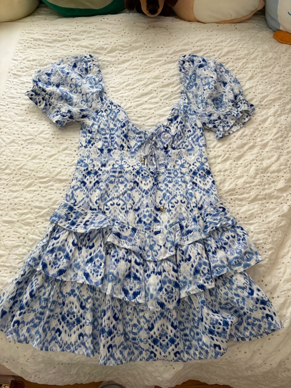Olivaceous Blue and White Printed Ruffle Dress